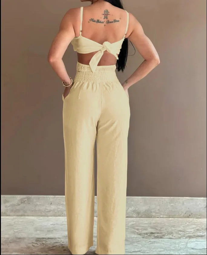 2024 Summer Fashion White Jumpsuit Women Floral Pattern Shirred Hollow Out Casual Asymmetrical Neck Pocket Backless Jumpsuits