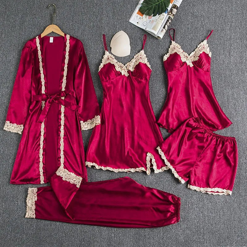 TOP Silk Robe Sleep Suit Womens Lace Satin Pajamas Gown Set V-Neck Cami Nighties Wear Pijama Home Nightwear Spring Nightdress