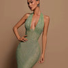 Sexy Halter Deep V Neck Sequins Maxi Dress Women Green Sleeveless Backless Sequined Slim Long Dresses Celebrity Party Gowns