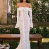Mozision Floral Lace Off-shoulder Maxi Dress For Women White Strapless Backless Long Sleeve Bodycon Club Party Sexy Long Dress