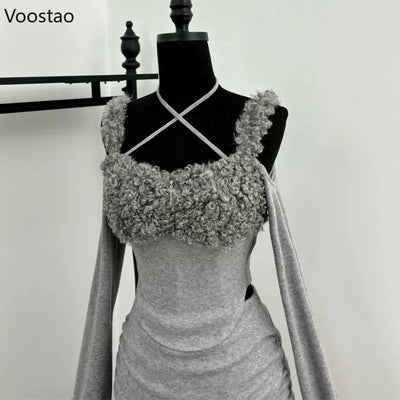 Sweet Sexy Irregular 2 Piece Set Women Chic Plush Patchwork Slim Tops Mini Skirt Suit Korean Y2k Aesthetic Lolita Style Outifits