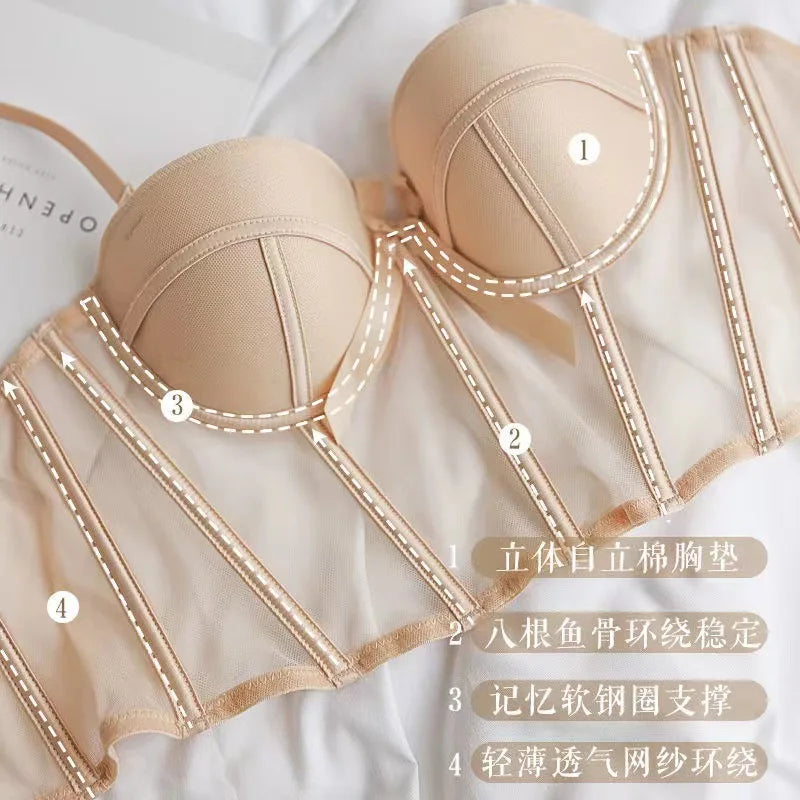 Lace Bra Sexy Mesh Underwear Women Hollow Out Shape Half Cup Soft Bralette Anti-sag Push Up Bow Thicken Women Underwear Set