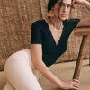 Women V Neck Knitted Crochet Tee With