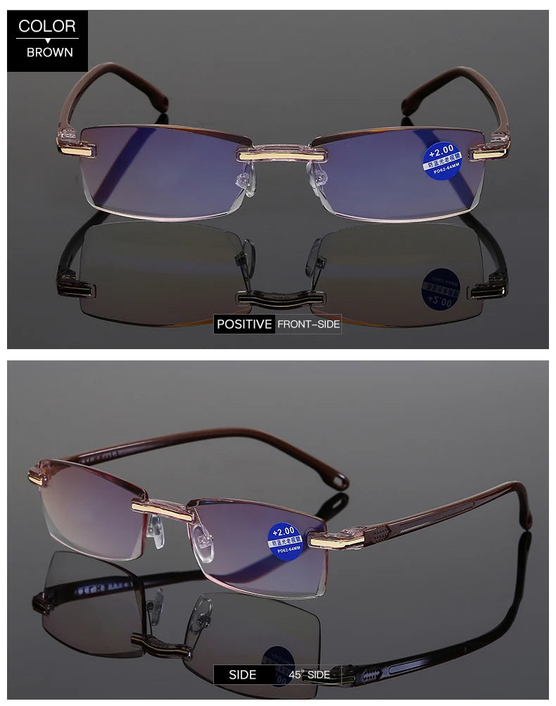 Men Blue Light Blocking Reading Glasses Women Dimond Cutting Rimless Eyeglasses Frame Anti Fatigue Hyperopia Presbyopic Eyewear