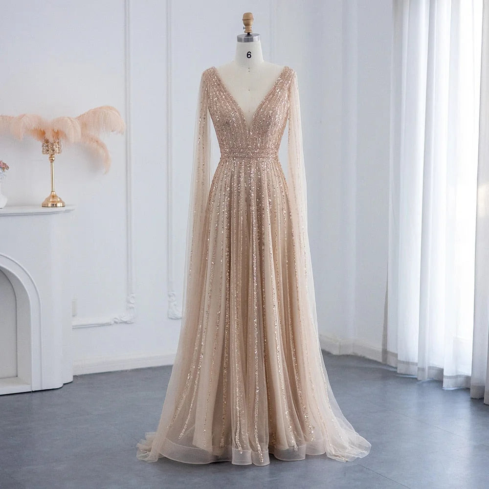 Bella Champagne Glitter Evening Dresses Vneck A-line Wedding Dress Elegant Floor-Length Long Shawl Customized Vestidos De Fiesta