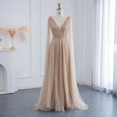 Bella Champagne Glitter Evening Dresses Vneck A-line Wedding Dress Elegant Floor-Length Long Shawl Customized Vestidos De Fiesta