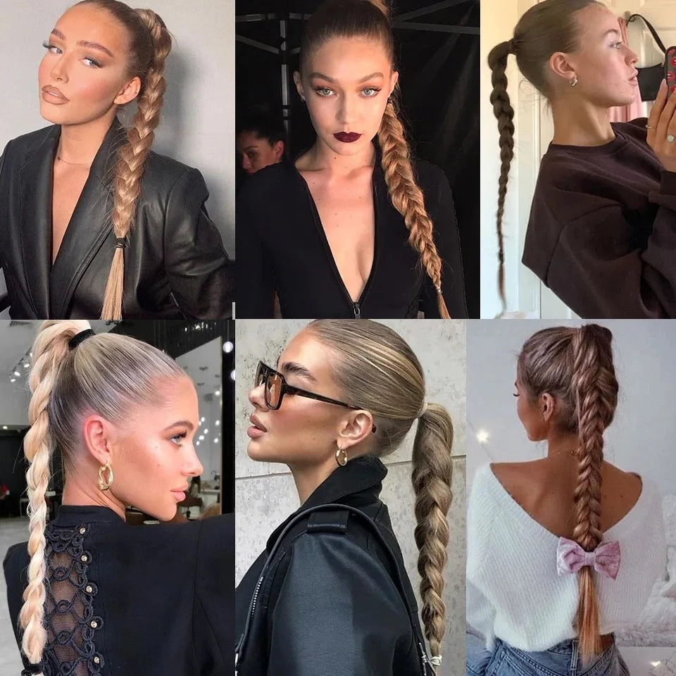Ponytail Extensions Synthetic Boxing Braids Wrap Around Chignon Tail With Rubber Band Hair Ring 26 Inch Brown Ombre Braid DIY