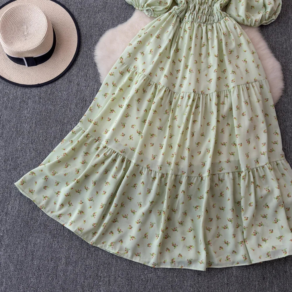 2024 New Summer Flower Print Long Dress Women Vintage Square Neck Ruched Chest Sash Bandage Sundress Party Vestidos