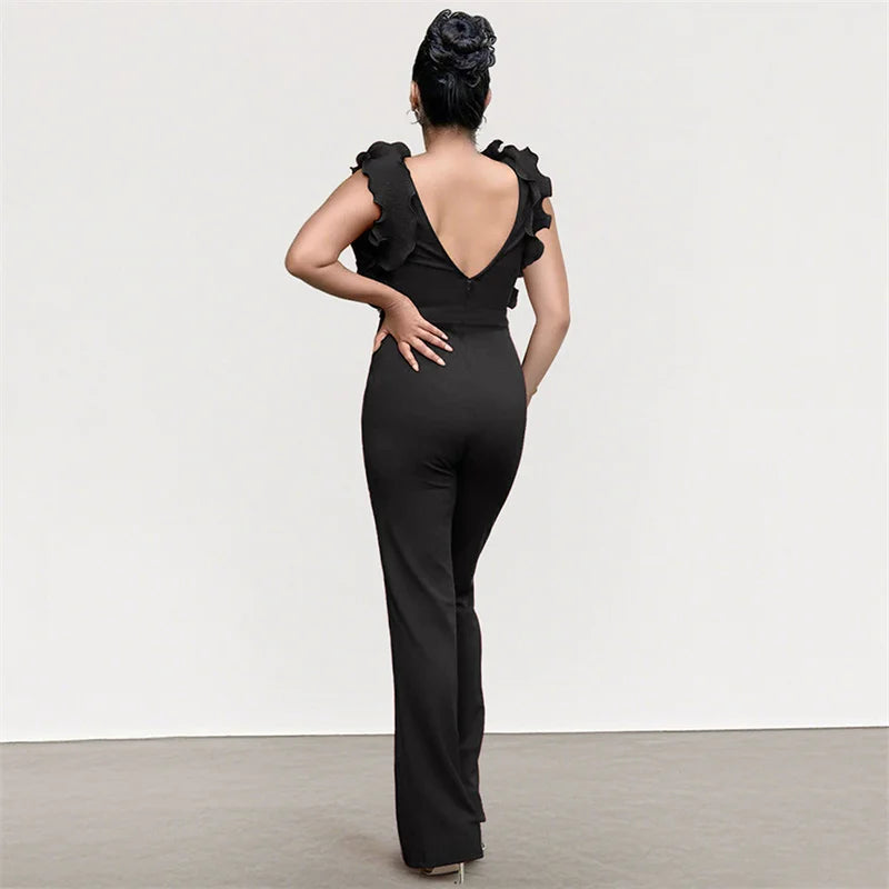 New 2025 Summer Women V Neck Sleeveless Elegant Straight Jumpsuits Edible Tree Fungus Sexy Birthday Party Jumpsuit Rompers Black