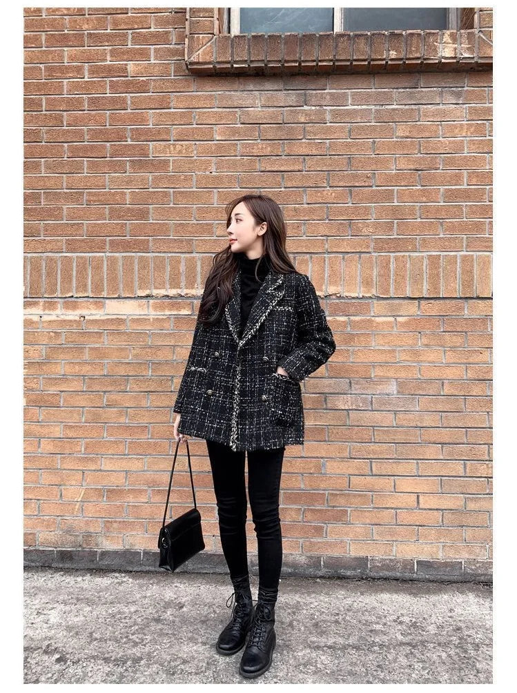 Tweed Plaid Suit Jacket Women Outwear Loose Mid-Length Double-Breasted Casual Woolen Blazer Top 2024 Spring Autumn New Chic Suit
