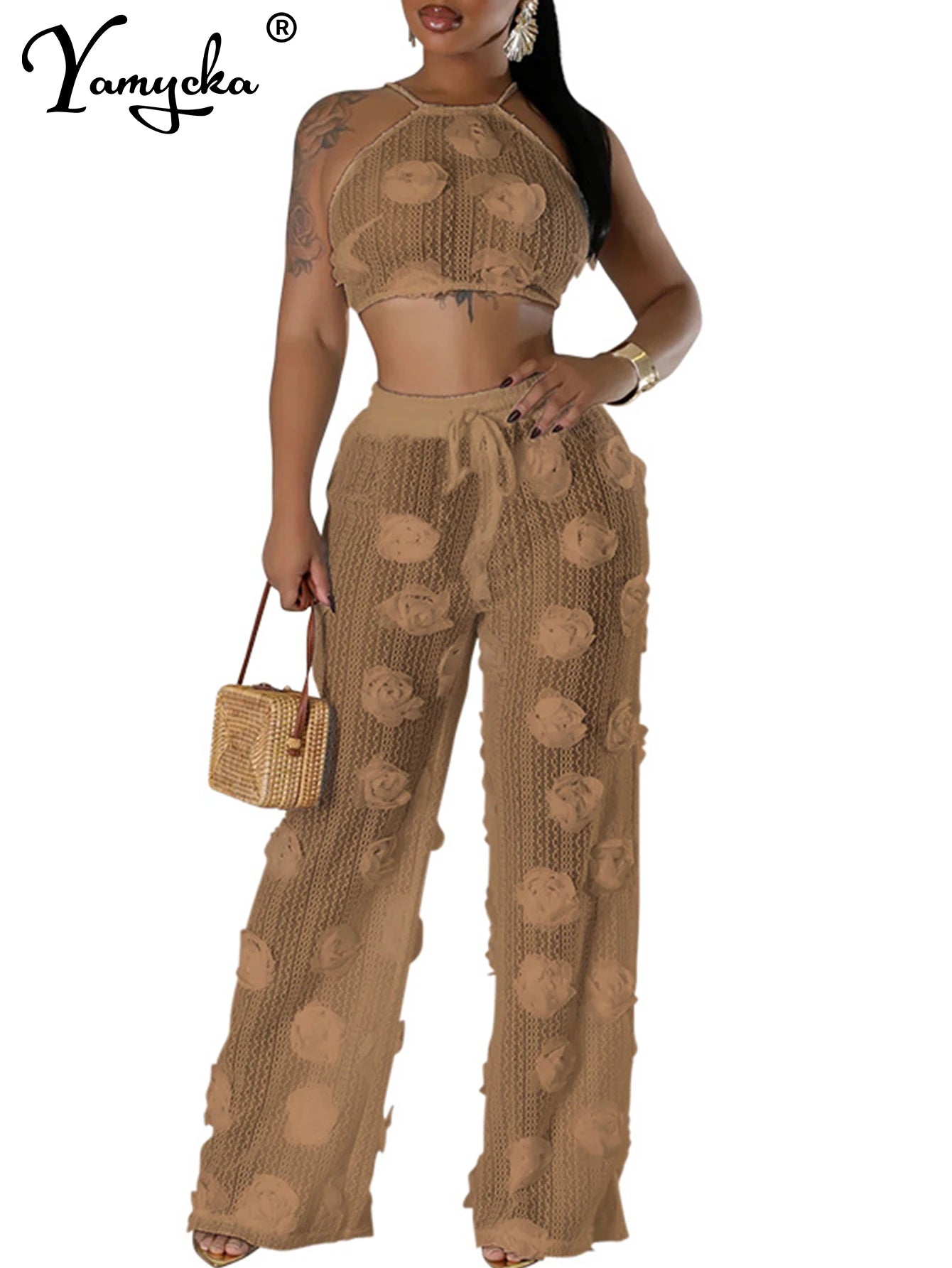Sexy see through lace up vacation jumpsuits women summer body party club outfits streetwear womens jumpsuit Wide leg pants sets
