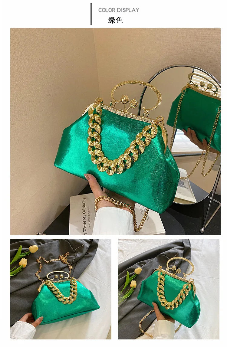 2024 Luxury Women Gold Green Chain Messenger Bags PU Leather Shoulder Bags Shell Clip Designer Handbag And Purse Wedding Clutch