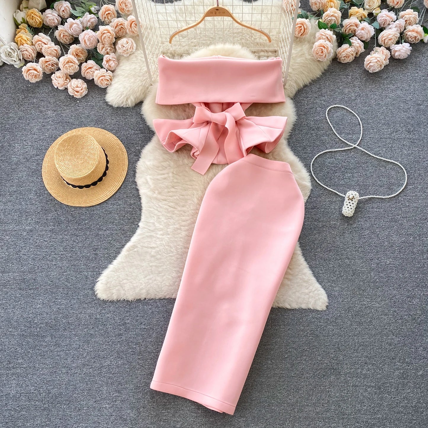 Women Vintage Two Pieces Skirt Sets Women Long Sleeve Sexy Slash Neck Bandage Ruffle Blouse Top and High Waist  Hip Wrap Skirt