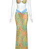 Beyprern Tropical Goddess Floral Skirt Set Two-Piece Dress Holiday Outfits Summer Womens Printed Bra Crop Top And Matching Set