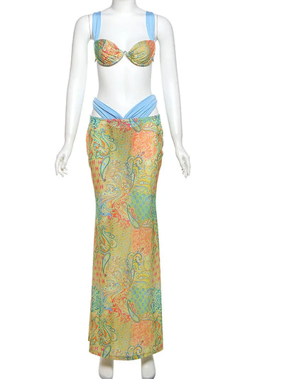 Beyprern Tropical Goddess Floral Skirt Set Two-Piece Dress Holiday Outfits Summer Womens Printed Bra Crop Top And Matching Set