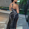Beyprern Luxury Black Crystal Long Maxi Dress Gown Sparkle Mesh Patchwork High Slit Party Club Dress Birthday Outfits Night Wear