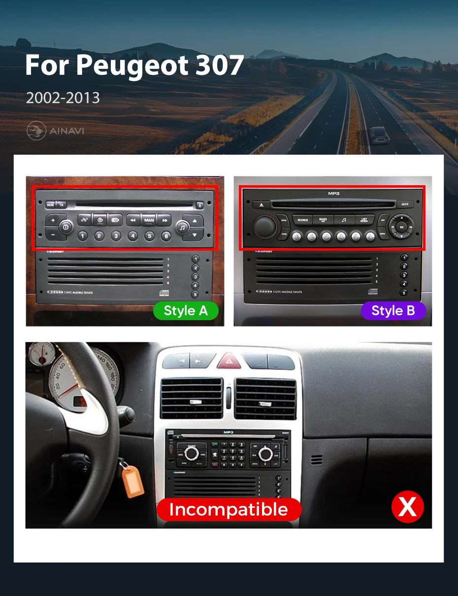 Ainavi Car Radio For Peugeot 307 CC 307CC 307SW 2002 - 2013 Wireless Carplay Android Auto Stereo Multimedia Player 4G 2 Din