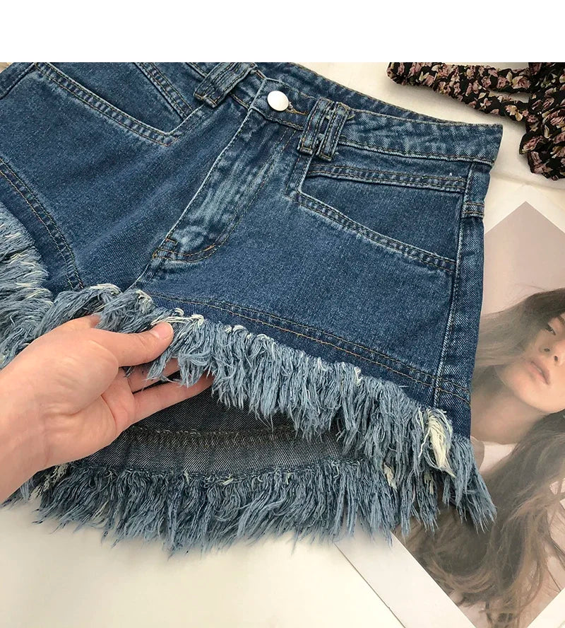 ITOOLIN Women Vintage Tassels Denim Shorts Button Loose High Waist A-line Jean Shorts Casual Women Office Trousers Streetwear