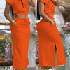 2025 Summer Two Piece Sets Women Outifit Fashion Print Colorblock O-Neck Short Sleeve Crop Top & Casual Striped Pocket Skirt Set