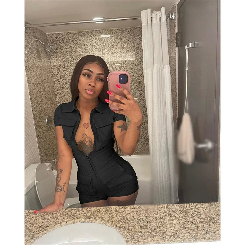 Streetwear Zipper Pockets Shorts Jumpsuit Women Clothing Short Sleeve Skinny Cargo Playsuit Summer Casual One Pieces Romper