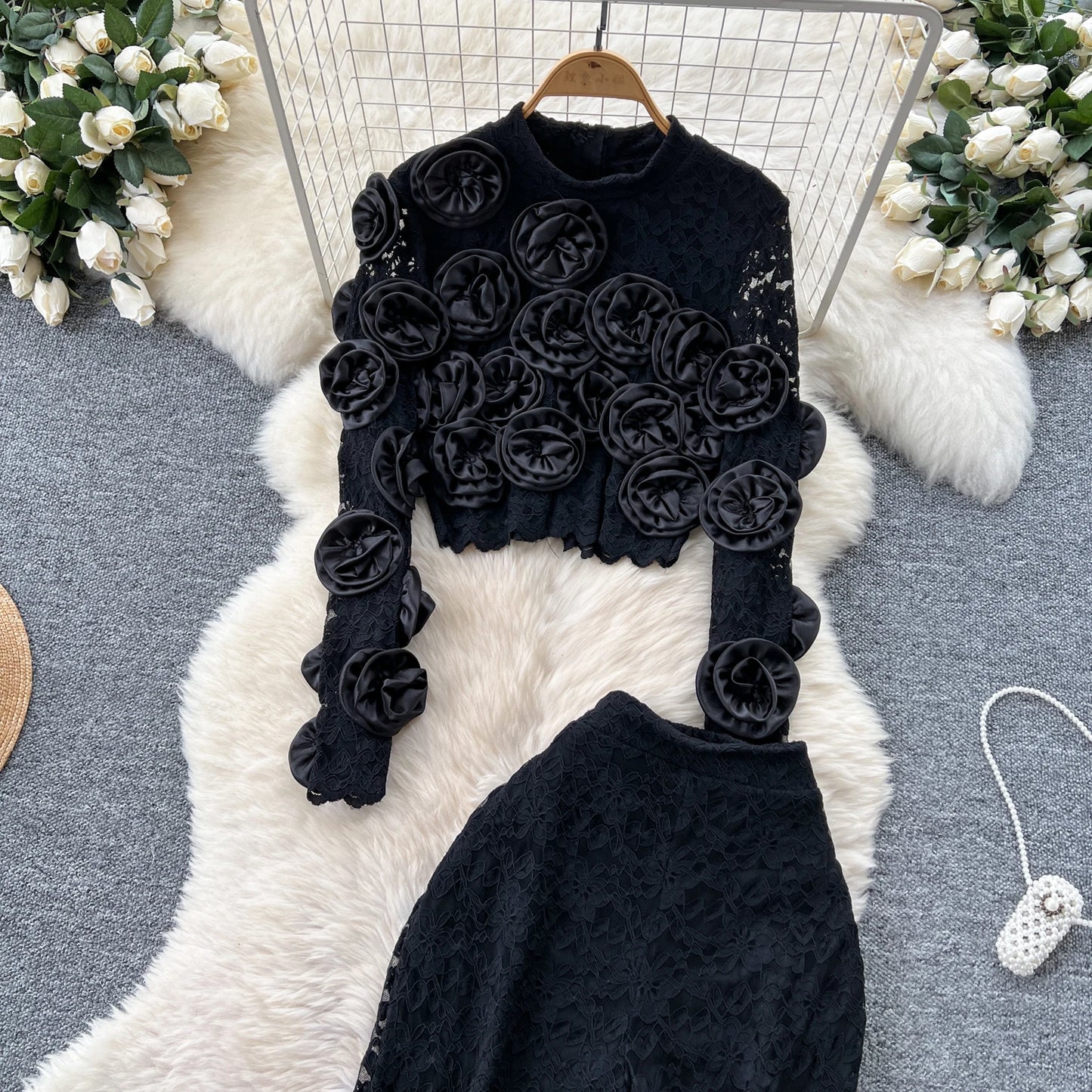 Women  Three-dimensional floral  loose T Shirt Bodycone Tops Female High Street Y2k Tops  Summer Two Piece Set
