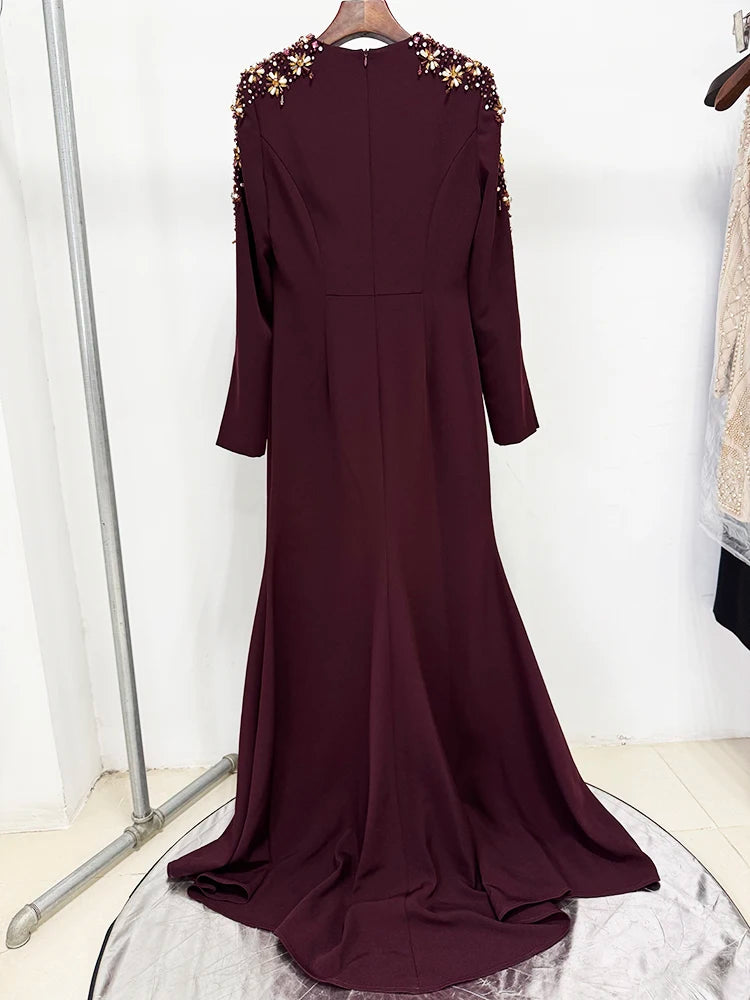 HIGH STREET Newest Fashion 2025 Designer Party Vestido Women's Diamonds Beaded Split Long Maxi Dress