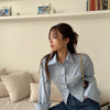 Gidyq Korean Bandage Shirt Women Fashion Backless Sexy Blouse Office Ladies Casual Slim Chic Turn Down Collar Long Sleeve Tops