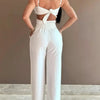 2024 Summer Fashion White Jumpsuit Women Floral Pattern Shirred Hollow Out Casual Asymmetrical Neck Pocket Backless Jumpsuits