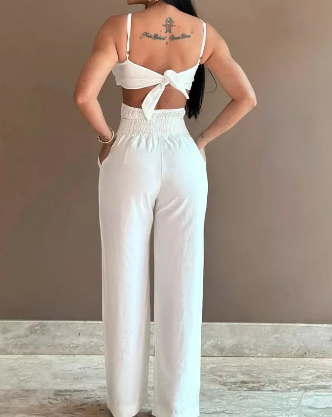 2024 Summer Fashion White Jumpsuit Women Floral Pattern Shirred Hollow Out Casual Asymmetrical Neck Pocket Backless Jumpsuits