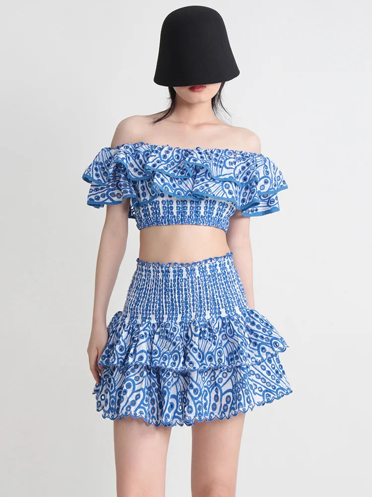 TWOTWINSTYLE Hit Color Print Casual Two Piece Sets For Women Slash Neck Short Sleeve Top High Waist Skirt Summer Set Female New