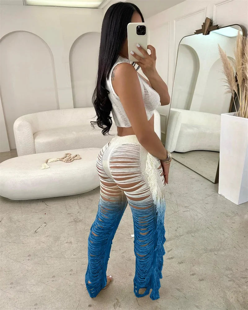 Gradient Color Crochet Two Piece Set for Women Summer Beach Crop Top and Wide Leg Pants Tassel Hollow Out Hole Vacation Outfits
