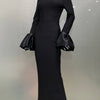 STOCK Shining Diamonds Neck Flare Sleeve Black Long Bandage Dress Elegant Woman Evening Party Dress Cocktail Party Outfit
