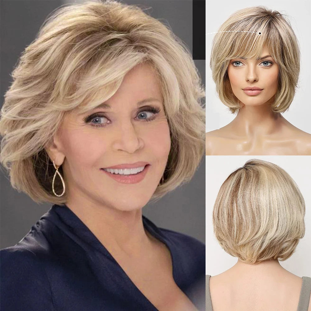 Brown Blonde Mixed Ombre Human Hair Lace Front Wigs Short Wavy Bob Hair Glolden Blonde Remy Human Hair Wig for White Women Daily