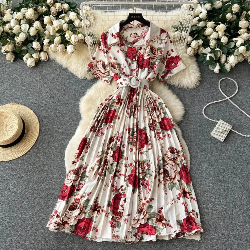 2024 Summer Women Floral Pleated Dress Vintage Turn-Down Collar Short Sleeve Single Breasted Printed Draped Midi Vestidos New