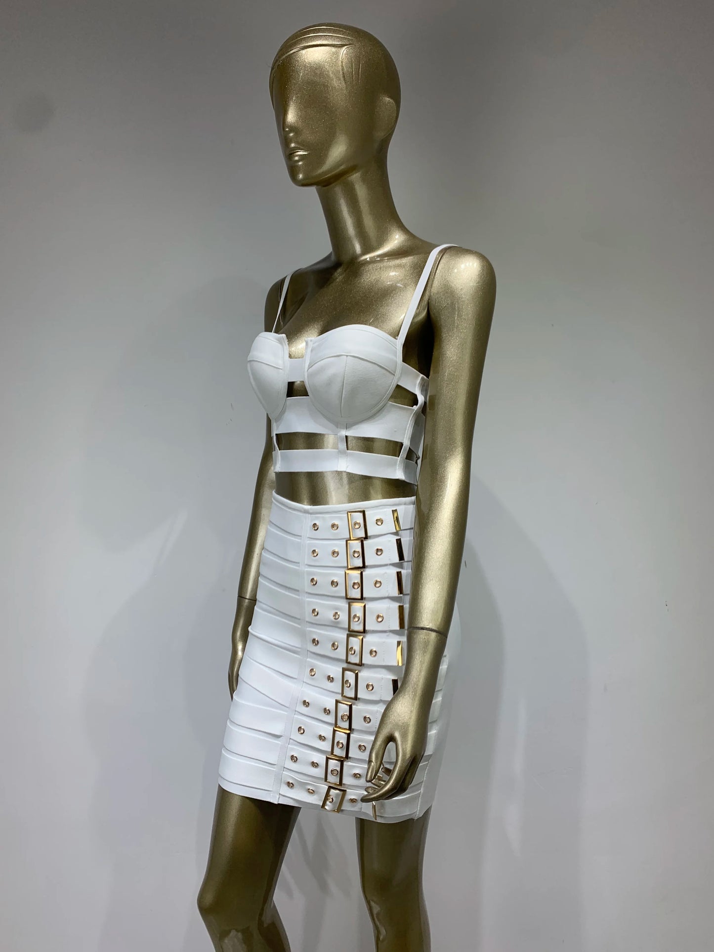 Women Celebrity Sexy Cut Out Mental Black White Mini Bodycon Bandage Skirt Set 2023 Elegant Evening Birthday Club Party Outfits