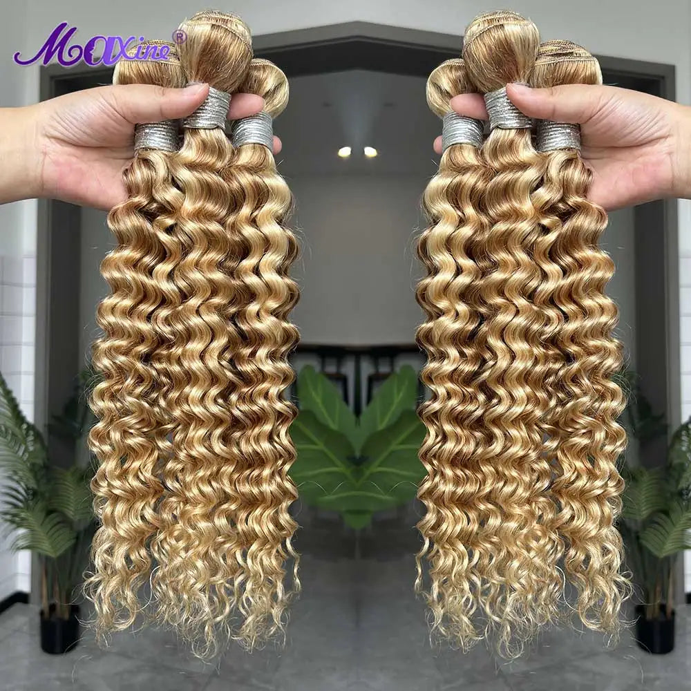 Maxine Highlight Blonde 613 Deep Wave Human Hair Bundles P27/613 Blonde Curly Weave Bundles Deep Wave Colored Bundles Human Hair