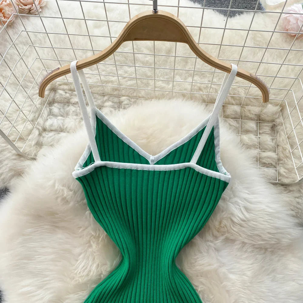 Summer V Neck Knit Sexy Strap Dress Women Elatic Waist Bodycon Sundress Female Beach Backless Maxi Long Dress