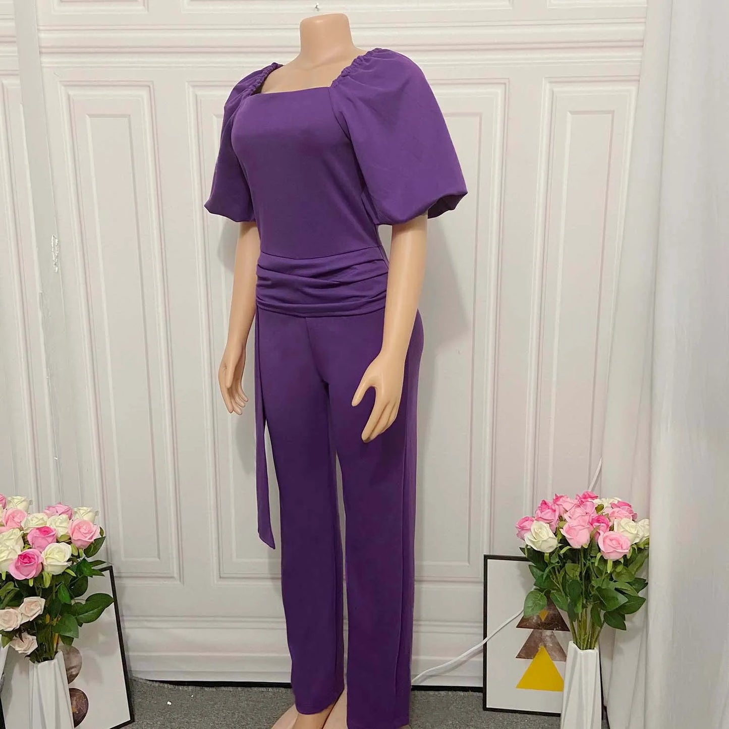 Elegant Jumpsuits for Women Luxury Square Neck Lantern Sleeve Big Swing Straight Female Birthday Party Dinner Outfits Overalls