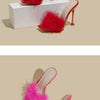 Women Rabbit White Fur Clear PVC Slippers Square Toe Stilettos Slides Transparent Crystal High Heels Sandals Mules Glass Heels
