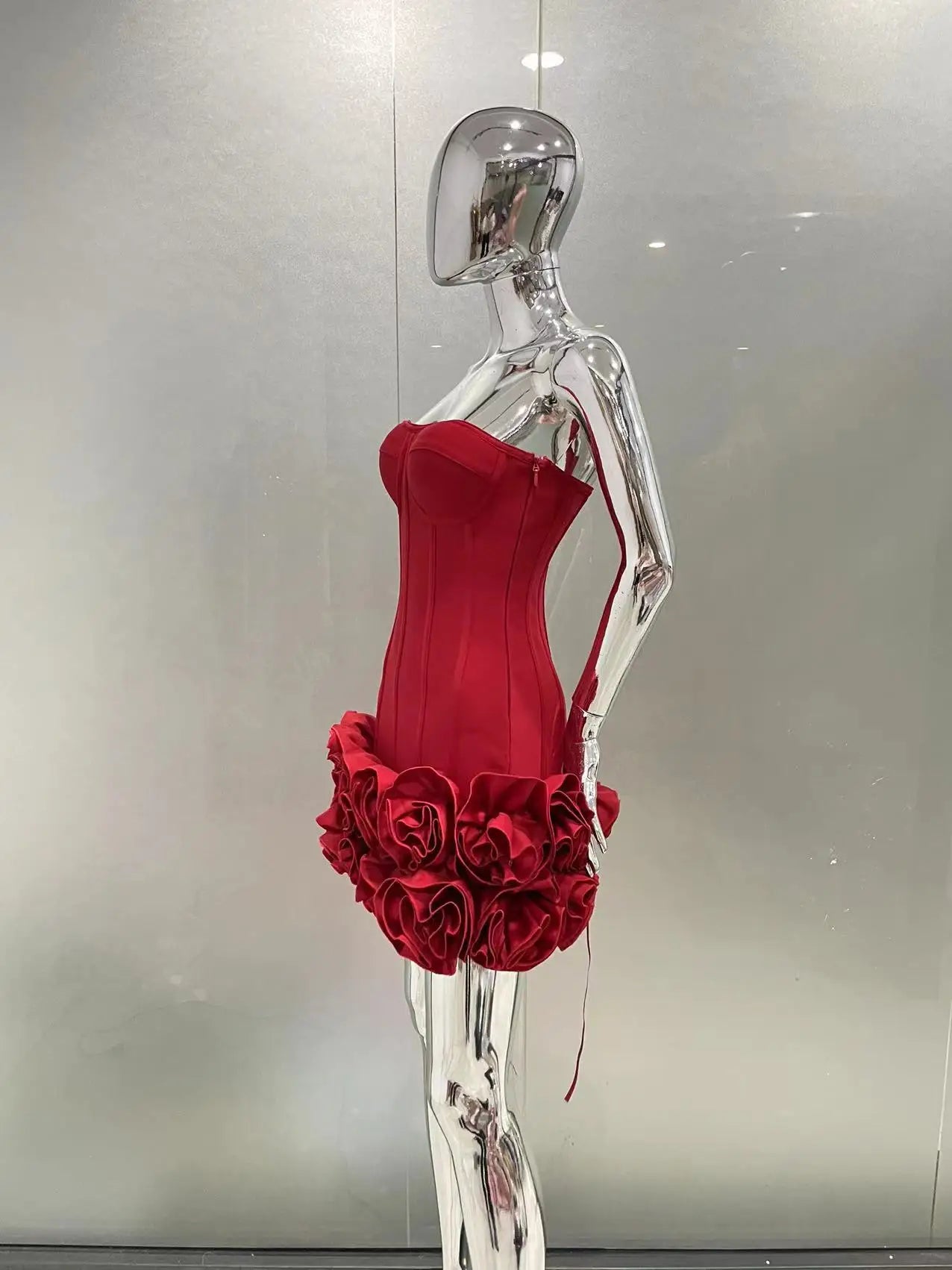 Red Color Women Sexy Strapless Ball Gown Mini Fashion Celebrity Nightclub Party Dress Birthday Cocktail Girls' Outfit