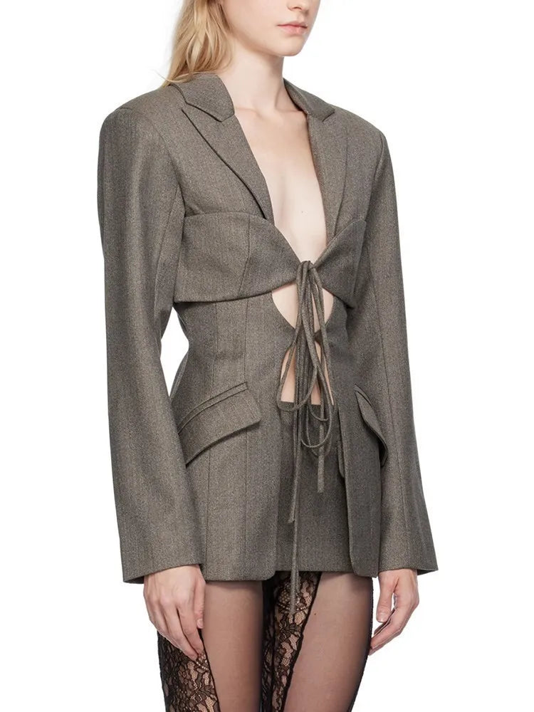 TWOTWINSTYLE Patchwork Lace Up Hollow Out Blazer For Women Notched Collar Long Sleeve Tunic Designer Blazers Female Fashion New
