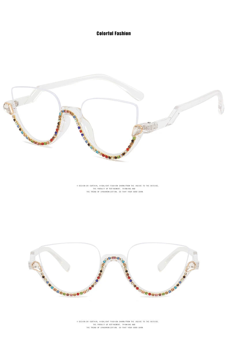 Vintage Half Frame Diamond Anti Blue Light Optical Glasses Frames Brand Designer Women Fashion Cat Eye Computer Eyeglasses