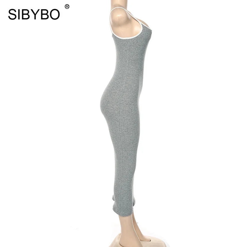 SIBYBO Ribbed Spaghetti Strap Cotton Dress Women Sleeveless O-Neck Summer Dress Solid Backless Long Party Dress
