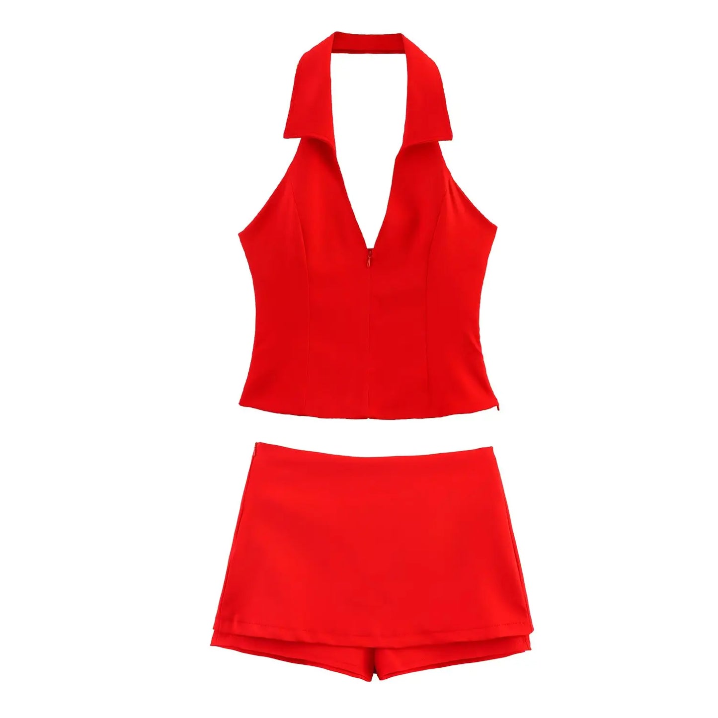 HH Women Pink 2 Piece Set Sexy V-Neck Sleeveless Backless Suspender Zipper Top+High Waist Back Pocket Mini Skirts Shorts Y2K