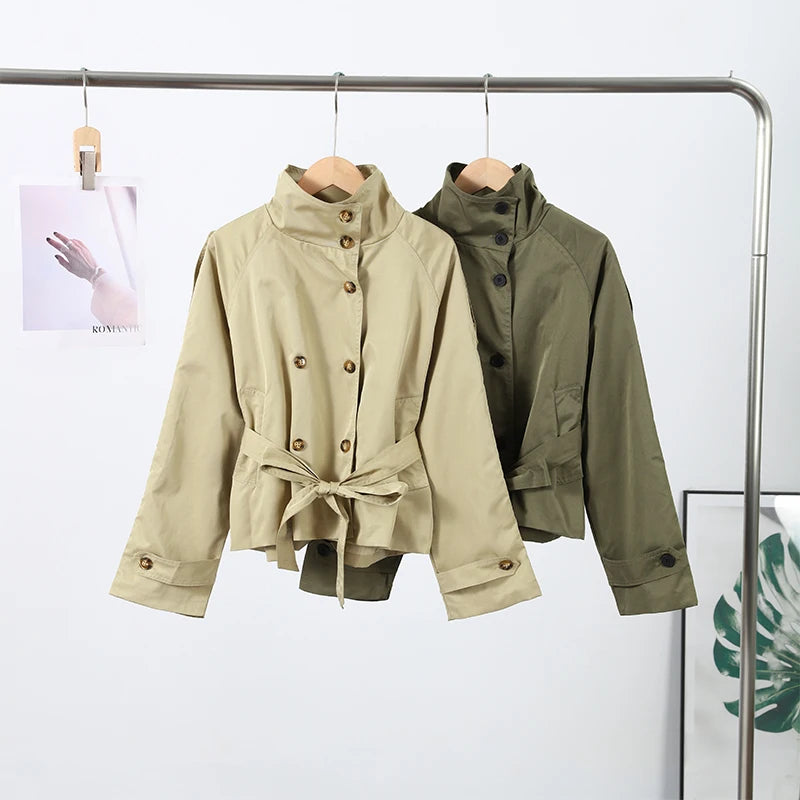 Fashion Belt Short Trench Coat Women Stand Collar Double Breasted Pocket Long Sleeve Coats 2025 Autumn Lady Commute Chic Outwear