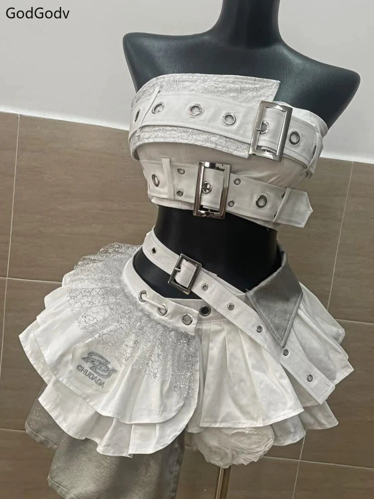 Punk Style Vintage Woman 2 Piece Sets Y2k Design Strapless Crop Tops + High Waist Ruffle Skirt Female Party Korea Style Outfits