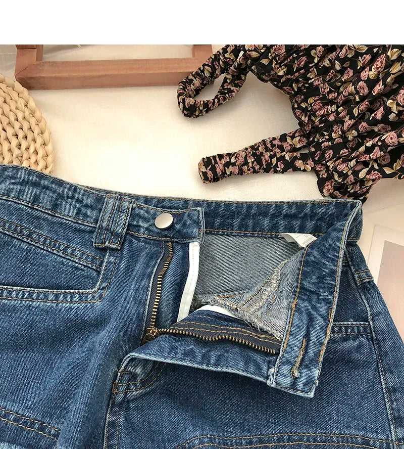ITOOLIN Women Vintage Tassels Denim Shorts Button Loose High Waist A-line Jean Shorts Casual Women Office Trousers Streetwear