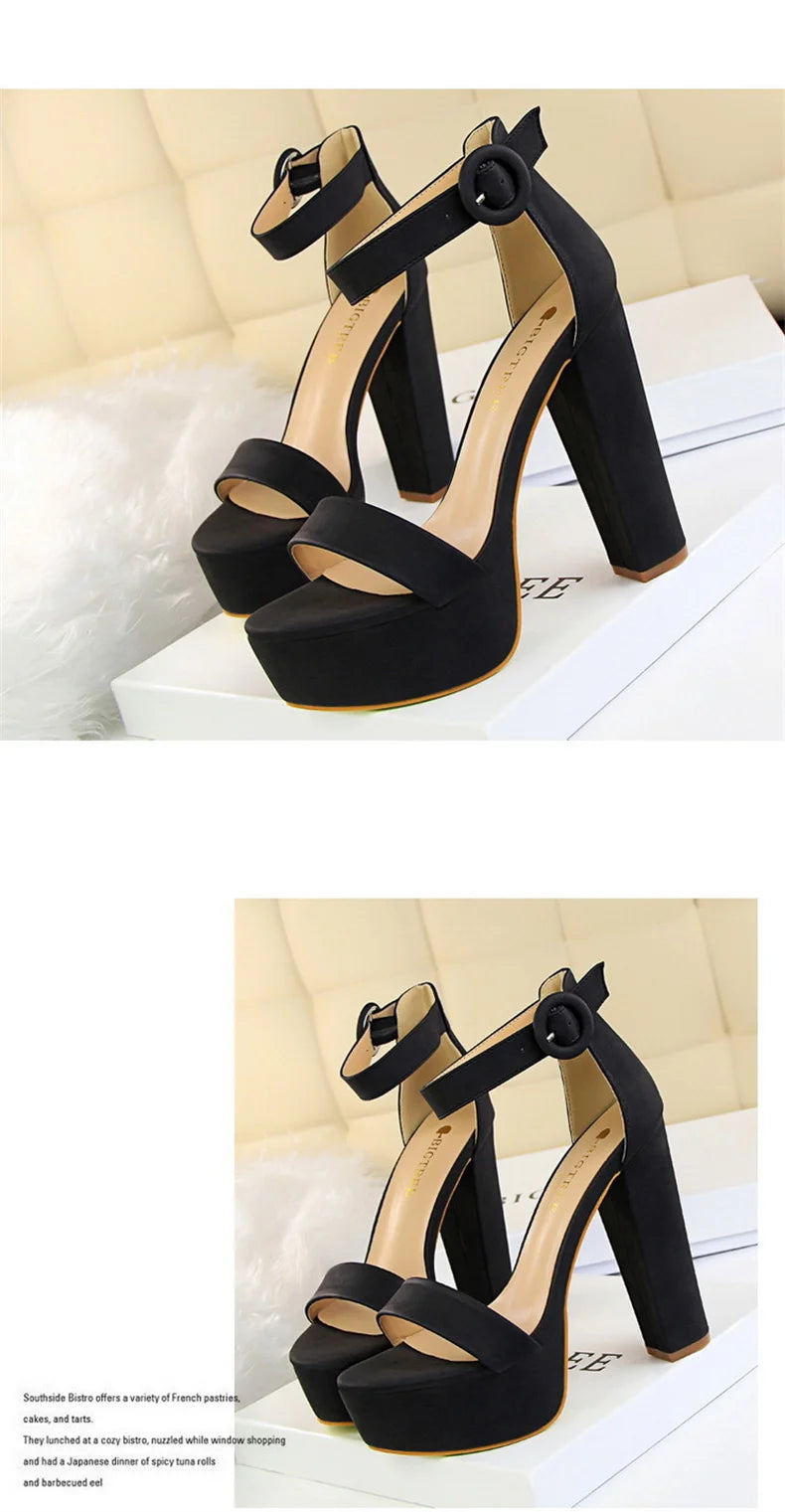 Fashion Women Pumps Sandals Summer Platform Belt Buckle Strap PU Square Heel Outdoor Korean Style Black Open Toe Grace 1550-1