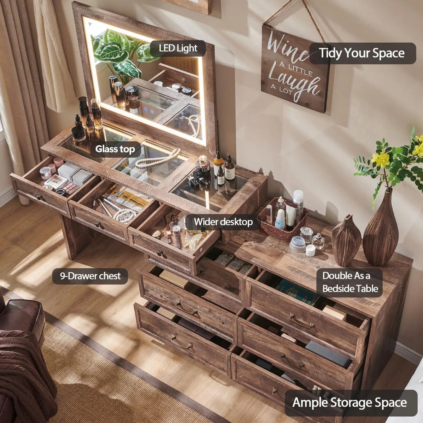 69" W rustic wood bedroom dresser with glass top, 9 large storage drawers, 3 color usable lights and 30 "HD Led mirror