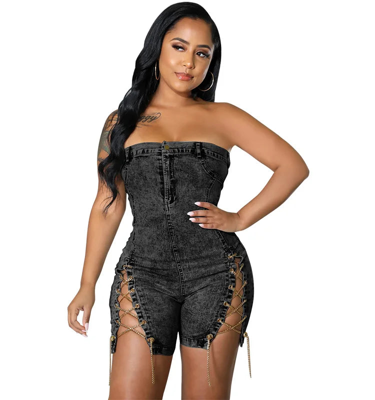 Rompers Women One Piece Elegant Splice Denim Jumpsuits Sexy Slim Fit Strapless Sleeveless Short Pants Sheath Playsuits